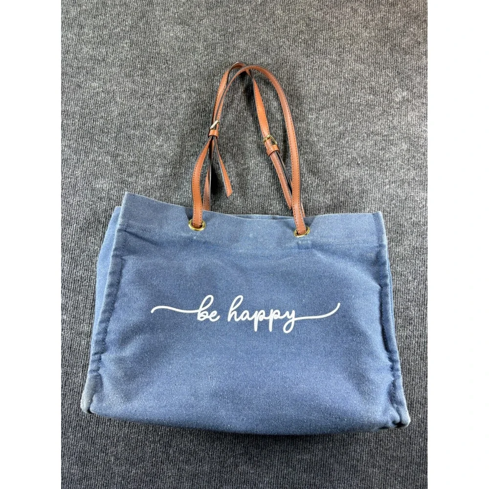 Blue Canvas Be‎ Happy Graphic Tote Bible Bag with Removable Pink Felt Organizer